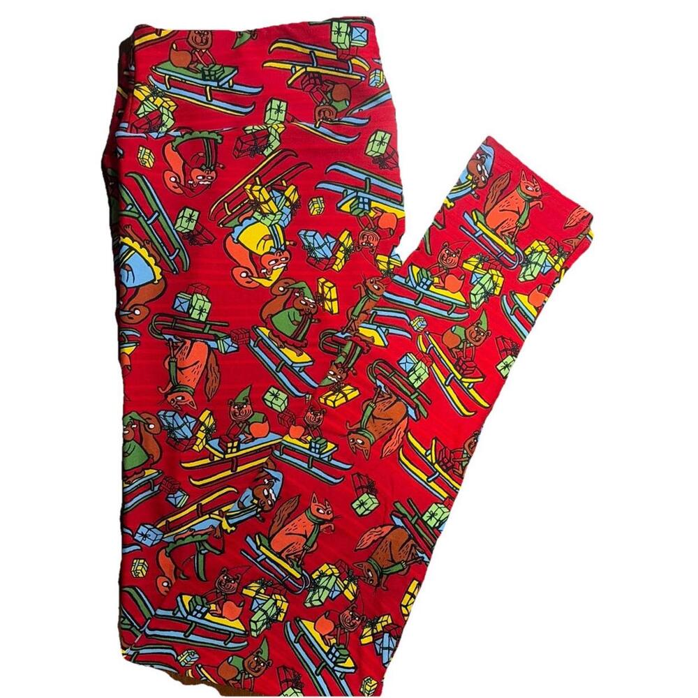 New TC2 LuLaRoe Christmas Holiday Squirrel W/gift Sledding Leggings Sz  (20-26)